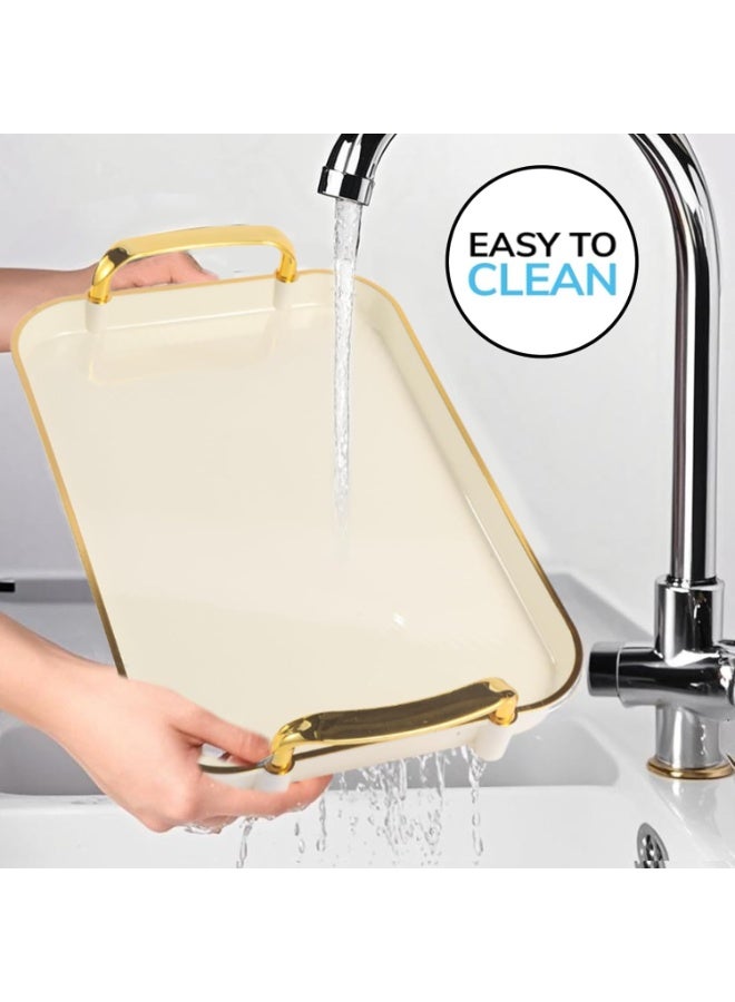 3 Rectangular Serving Tray with Handles Set of  Large Serving Platters 14.5/16.7/18.3 Inch White Plates for Dinner, Party, Entertaining, Cream Gold - Image 5